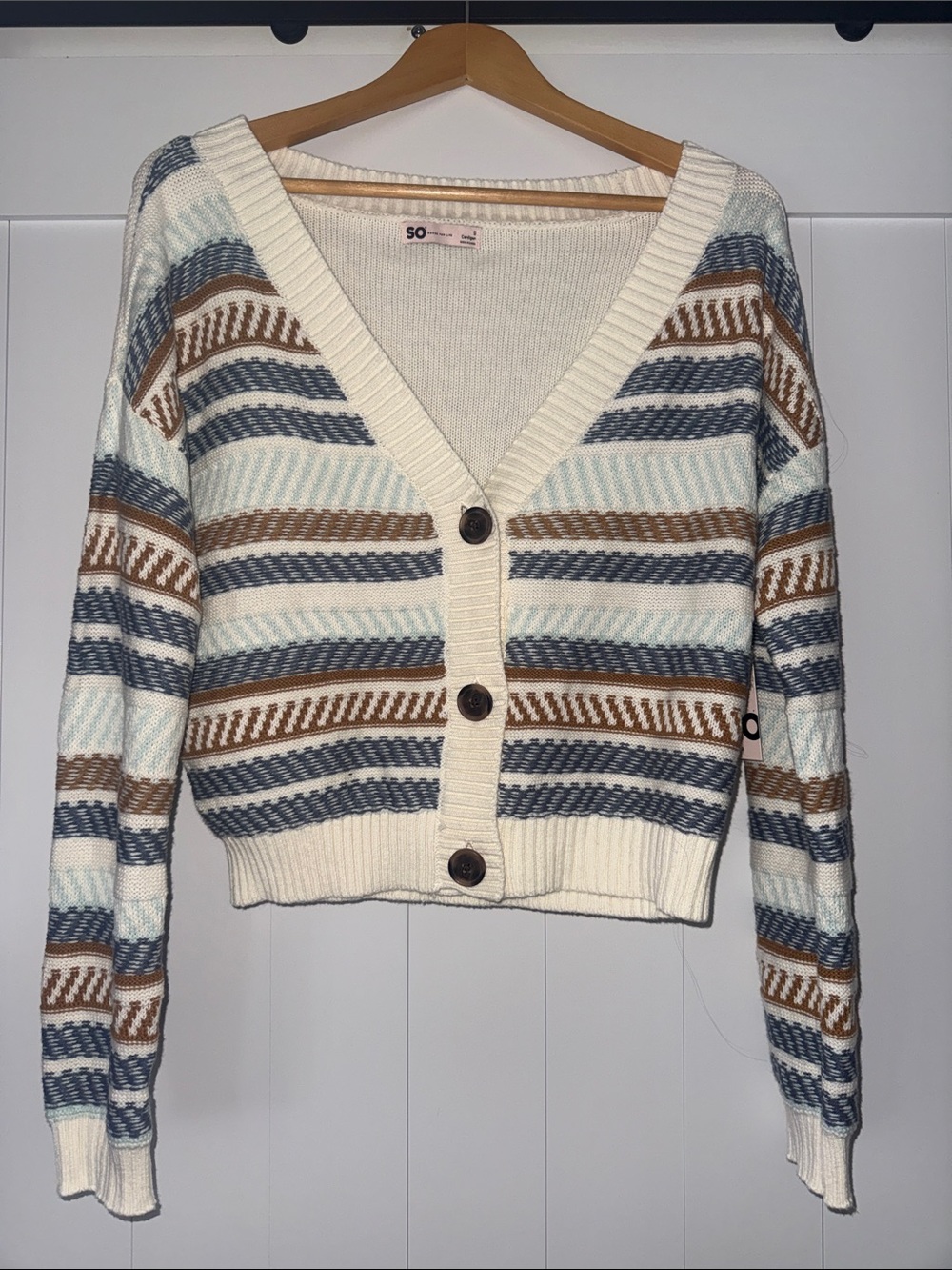 SO Striped Cropped Cardigan - Cream, Blue, Brown